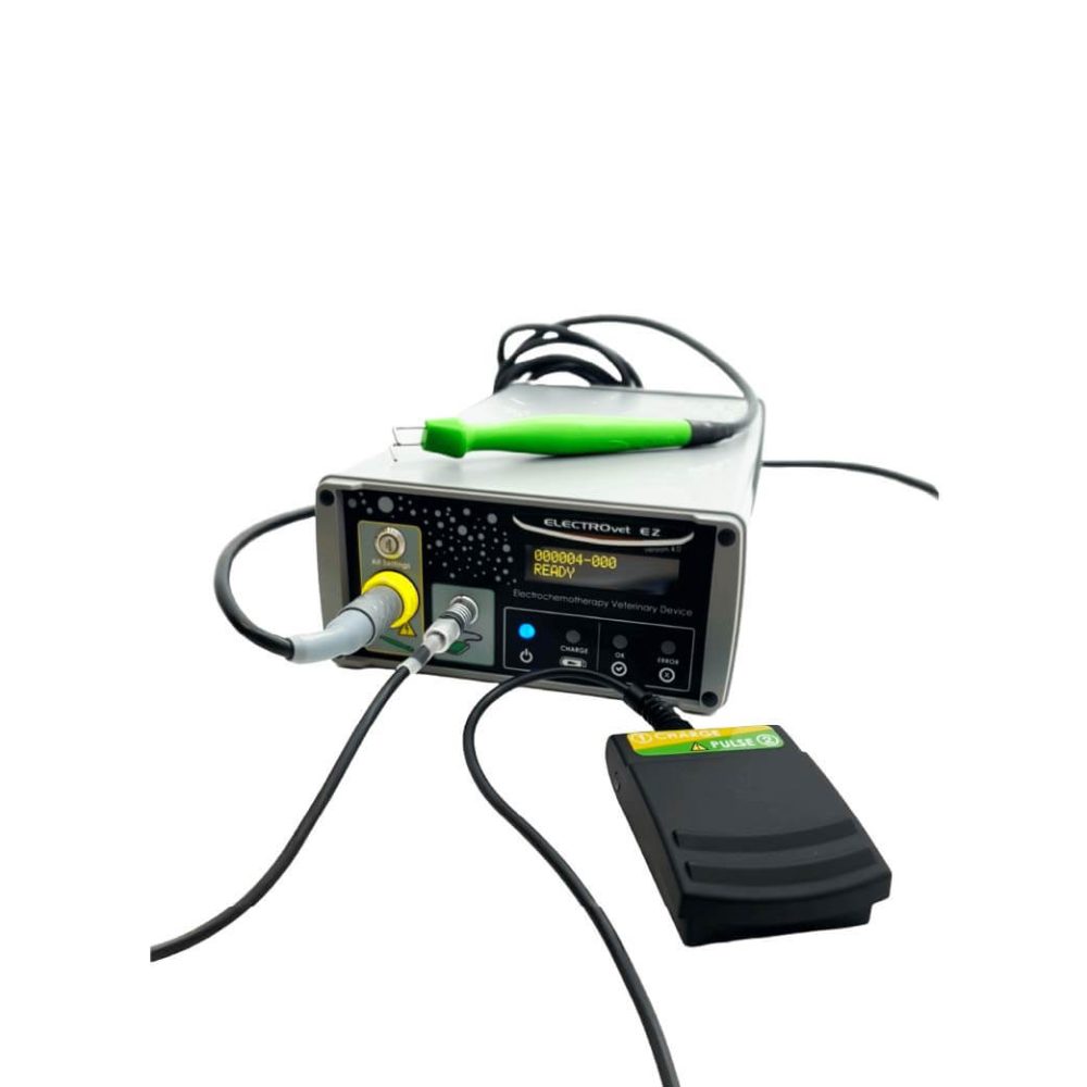 Dispositivo ELECTROvet EZ 4.0 com acessórios e eletrodos para eletroquimioterapia veterinária